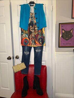 Cat Print Wearable Art Tunic Tank Top 2X Maximalist Cat Lady Chic